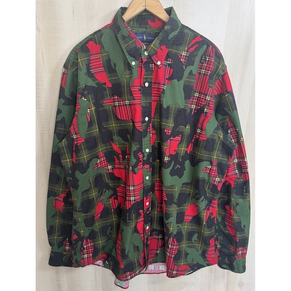 Ralph Lauren Stuart Plaid Military Camo Button Down Shirt Long Sleeve Mens 2XL - Picture 2 of 8